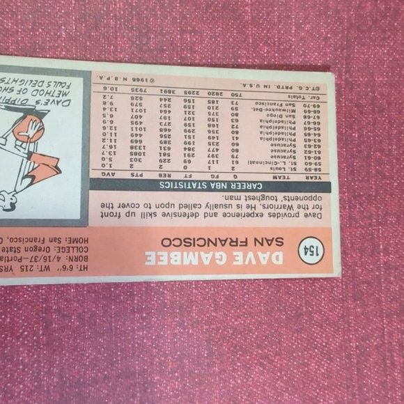 Topps Dave Gambee #154 Vintage 1970 Tall Card San Francisco Warriors. - Picture 6 of 6